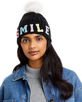 Aqua Pom-Pom Smile Knit Hat, Black, Os by Vanessa Jane