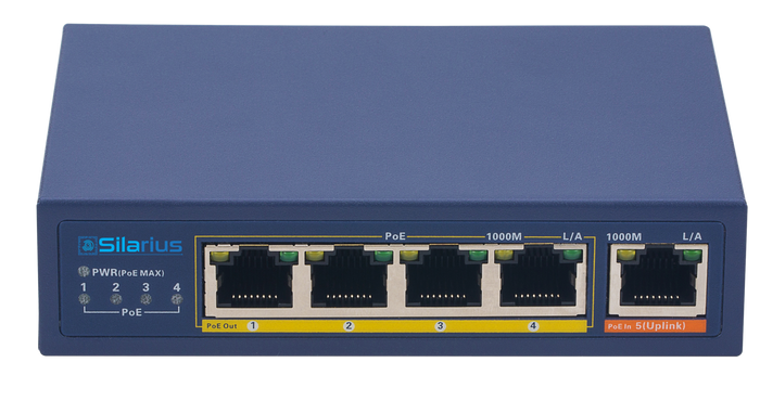 Silarius SIL-SWPP4P65 PoE Powered 5-Port Gigabit Switch with PoE Passthrough, 65W Power Budget for Powering up to 4 PoE Network Devices via Cat5e/Cat6 RJ45 Network Cables - 30W per output port by Silarius