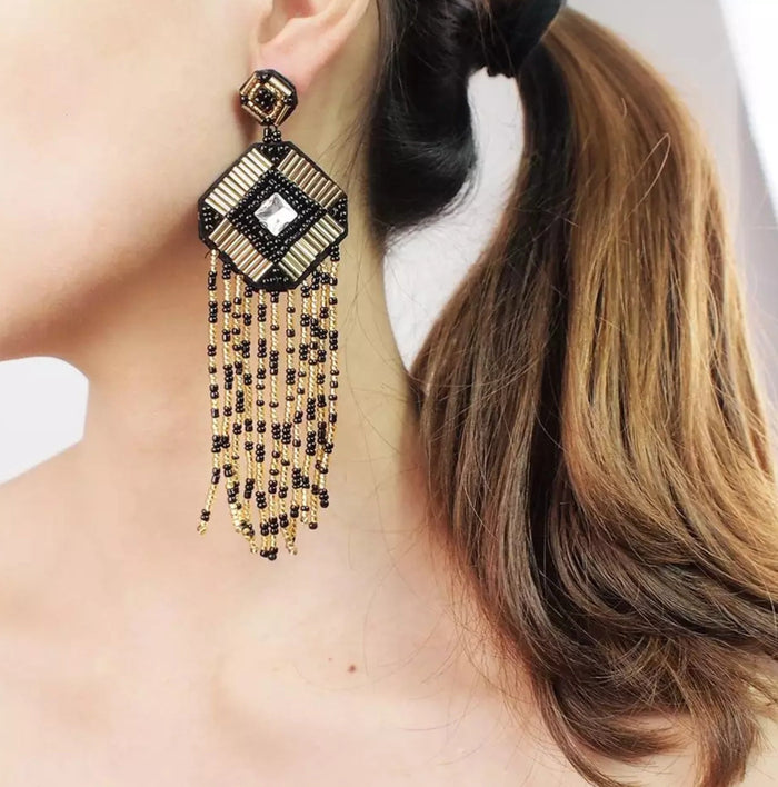 Black and Gold Tassel Drop Earrings by Duma Mbili LLC