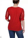 Ny Collection Womens Short Puff Sleeve Top with Lace Sleeves, Large by Vanessa Jane