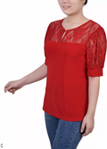 Ny Collection Womens Short Puff Sleeve Top with Lace Sleeves, Large by Vanessa Jane