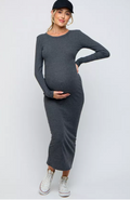 Pinkblush Maternity Black Ribbed Fitted Long Sleeve MIDI Dress - Black, Large by Vanessa Jane