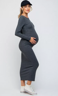 Pinkblush Maternity Black Ribbed Fitted Long Sleeve MIDI Dress - Black, Large by Vanessa Jane