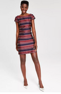 Vince Camuto Womens Jacquard Shift Dress with Cap Sleeves, Navy Blue, 8 by Vanessa Jane