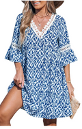 Cupshe Womens Abstract Print Lace Pointelle Mini Beach Dress - Blue by Vanessa Jane