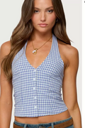 EDIKTED Evan Gingham Button up Halter Top, Size Small by Vanessa Jane