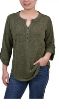 Ny Collection Womens 3/4 Roll Tab Sleeve Y-Neck Top, Large by Vanessa Jane