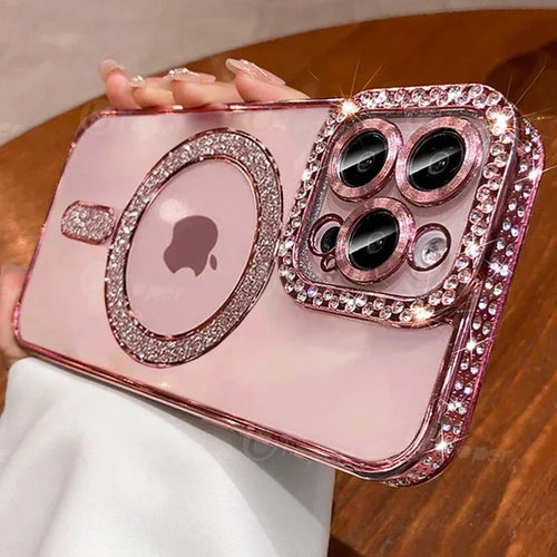 Fashion Girl Pink Crystal Glitter Transparent Magnetic Case For iPhone 16 15 11 12 13 14 Pro Max Wireless Charging Diamond Cover by Perfect Stock