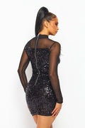 Sequin and Feather Mesh Long Sleeve Mini Dress by The House of Stylez