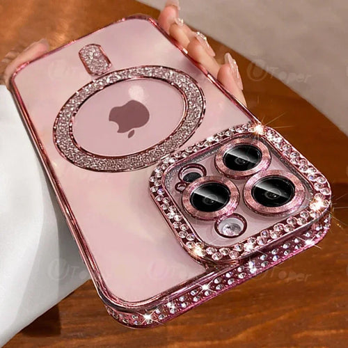 Fashion Girl Pink Crystal Glitter Transparent Magnetic Case For iPhone 16 15 11 12 13 14 Pro Max Wireless Charging Diamond Cover by Perfect Stock