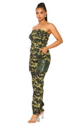 Strapless Camouflage with PU Pocket Cargo Jumpsuit by The House of Stylez