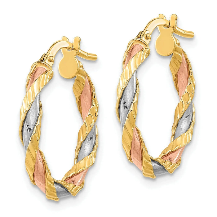 14K Gold Twisted Tri Color Hoop Earrings by Fine Color Jewels