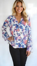 Tahari ASL Bell-Sleeve Georgette Blouse, XL Ivory Slate Coral by Vanessa Jane