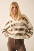 First in Line Striped Split-Neck Collared Sweater by Boutique 23