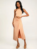 Lulus Top of the Trends Peach Twist-Front Cutout Halter Midi Dress, Size Large by Vanessa Jane