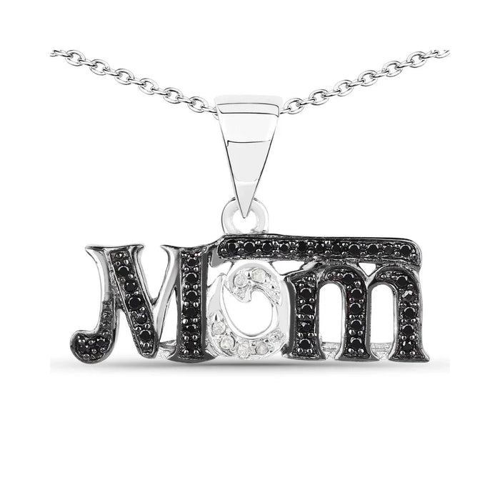 0.30 CTTW Round Black Spinel and White Diamond Prong Silver Mom Pendant Necklace by Fine Color Jewels