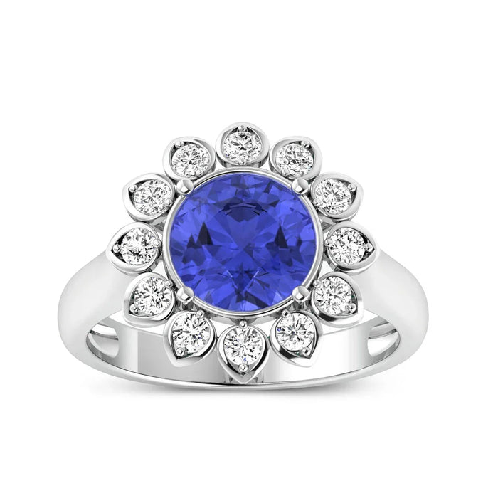 2.38 Ct Round Violet Tanzanite and White Diamond Prong 14k Gold Halo Statement Floral Ring by Fine Color Jewels
