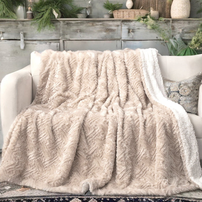DaDalogy Bedding Champagne Ivory Faux Fur Throw Blanket - Dreamy Gold Geometric Embossed Sherpa Backside - Super Soft Warm Cozy Plush Fluffy by DaDalogy Bedding Collection
