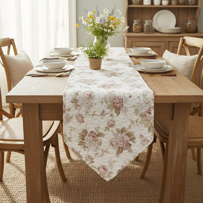 DaDa Bedding Hint of Mint Cottage Floral Roses Quilted Cotton Dining Table Runner (3036) by DaDalogy Bedding Collection