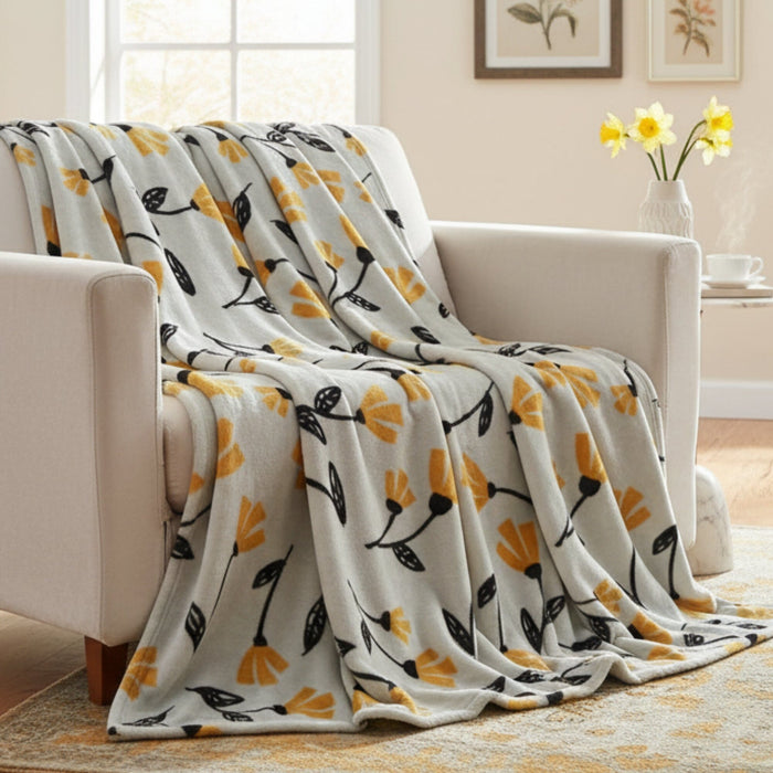 DaDa Bedding Soft Lightweight Fleece Throw Blanket, Yellow Fleur Floral Golden Orange Silver/Grey Background (XY1011) by DaDalogy Bedding Collection