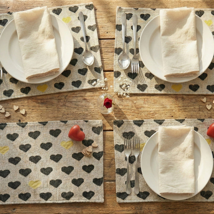 DaDa Bedding Set of 4-Pieces Valentine's day Yellow & Black Hearts Tapestry Dining Table Placemats 13” x 19” (18113) by DaDalogy Bedding Collection