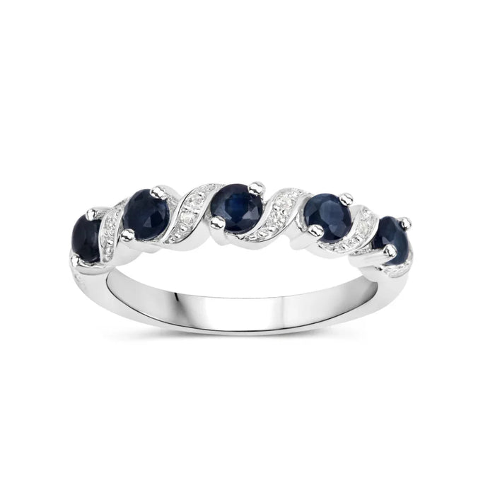 0.64 Ct Round Blue Sapphire and White Topaz Prong Silver Five Stone Ring by Fine Color Jewels