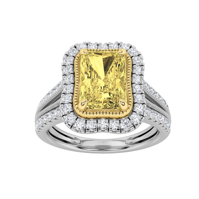 2.5Cttw Radiant Shaped Fancy Yellow Lab Grown Diamond (F/VS) Split Shank Engagement Halo Ring 14K Gold by Fine Color Jewels
