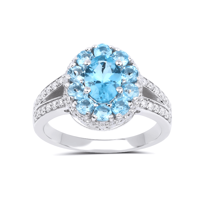 0.72CT Oval Natural Paraiba Apatite Prong Sterling Silver Cluster Halo Ring by Fine Color Jewels