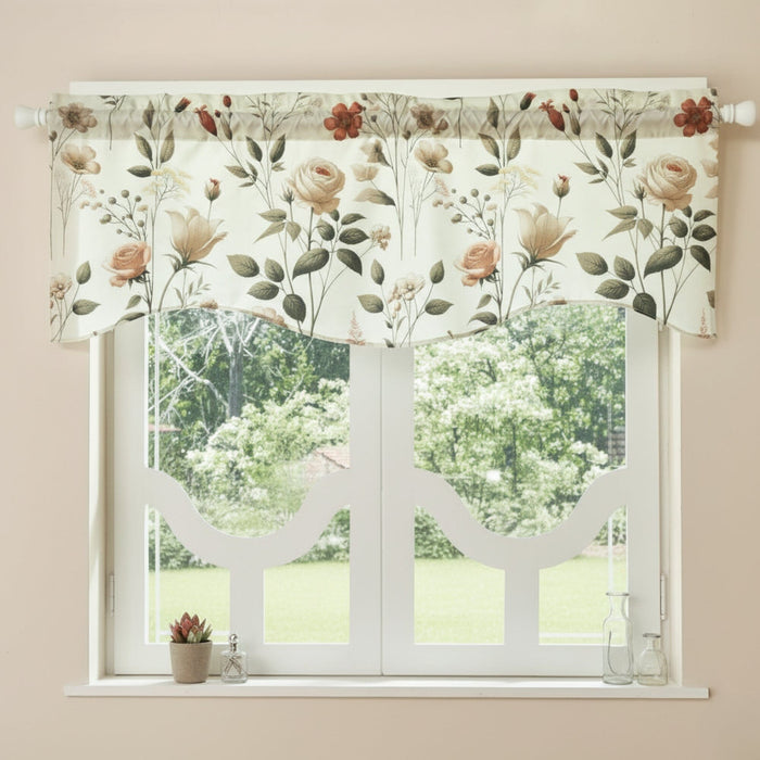 DaDa Bedding Collection Enchanted Meadow Semi-Sheer Valance - Floral Elegance in Beige, Rose, and Soft Green, Light Filtering See Through Microfiber, Rod Pocket Design, 18x52 Inches by DaDalogy Bedding Collection