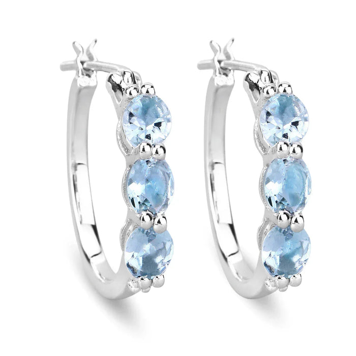 Genuine Blue Aquamarine and Diamond Hoop Earrings by Fine Color Jewels