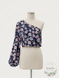 Lulus Boundless Beauty Black Floral Print One-Shoulder Crop Top, Size Large by Vanessa Jane
