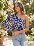 Lulus Boundless Beauty Black Floral Print One-Shoulder Crop Top, Size Large by Vanessa Jane