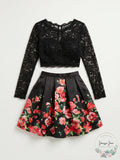 Juniors Sequin Hearts Long Sleeve 2pc. Lace/Floral Mikado Skirt, Size 11/12 by Vanessa Jane