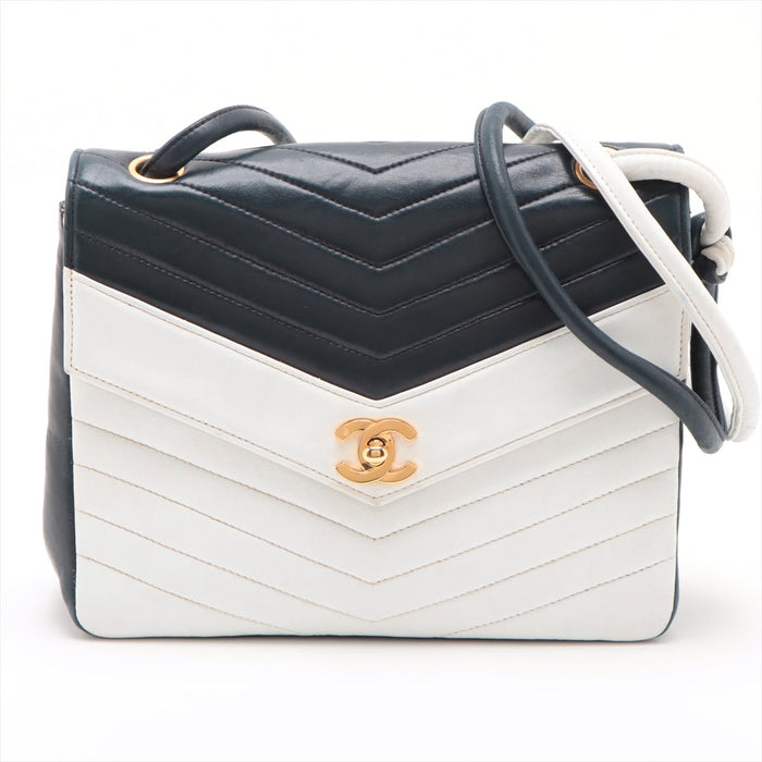 Chanel V Stitch Lambskin Shoulder bag White x navy Gold Metal Fittings #2489 by Bolt Boutique