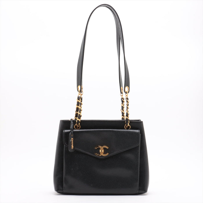 Chanel Coco Mark Caviar Skin CC Grained Pocket Shopper Shoulder Bag Black Gold Metal Fittings 3 Series- #2519 by Bolt Boutique