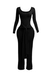 Ribbed Long Sleeve Jumpsuit with Front Tie