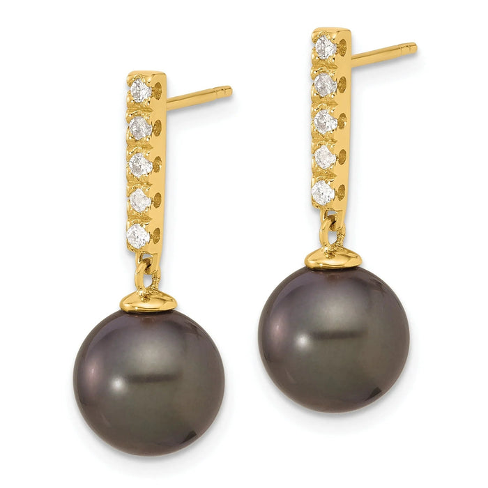 14k Gold Black Tahitian Pearl Diamond Post Dangle Earrings by Fine Color Jewels