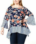 NY Collection Plus Size Mixed Print Bell-Sleeve Blouse Blue, Size 1X by Vanessa Jane