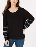 STYLE & CO Womens Black Fringe Banded Long Sleeve Crew Neck Sweater, Medium by Vanessa Jane