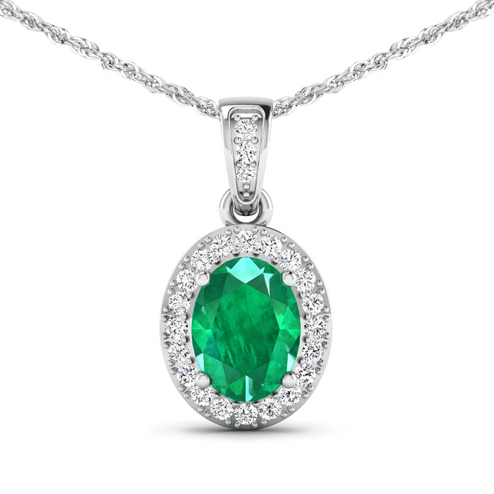 14K White Gold Zambian Emerald halo Pendant by Fine Color Jewels