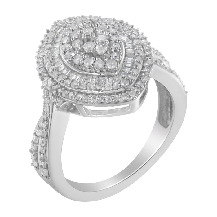 .925 Sterling Silver 1.0 Cttw Round & Baguette-Cut Diamond Marquise-Shaped Cluster Triple Stepped Halo Cocktail Fashion Ring (I-J Color, I2-I3 Clarity) - Size 7 by Bids.com