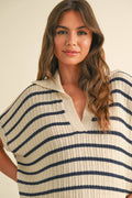 STRIPE PATTERN COLLARED SHORT SLEEVE TOP: NAVY STRIPE by Boutique 23