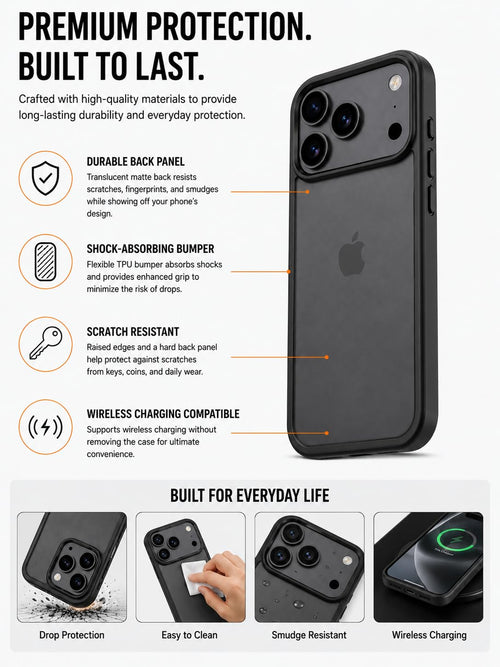 Translucent Matte Case for iPhone 17 Pro, Slim Shockproof Cover, 10FT Military Grade Drop Protection, Anti-Scratch Bumper, Black by Generic