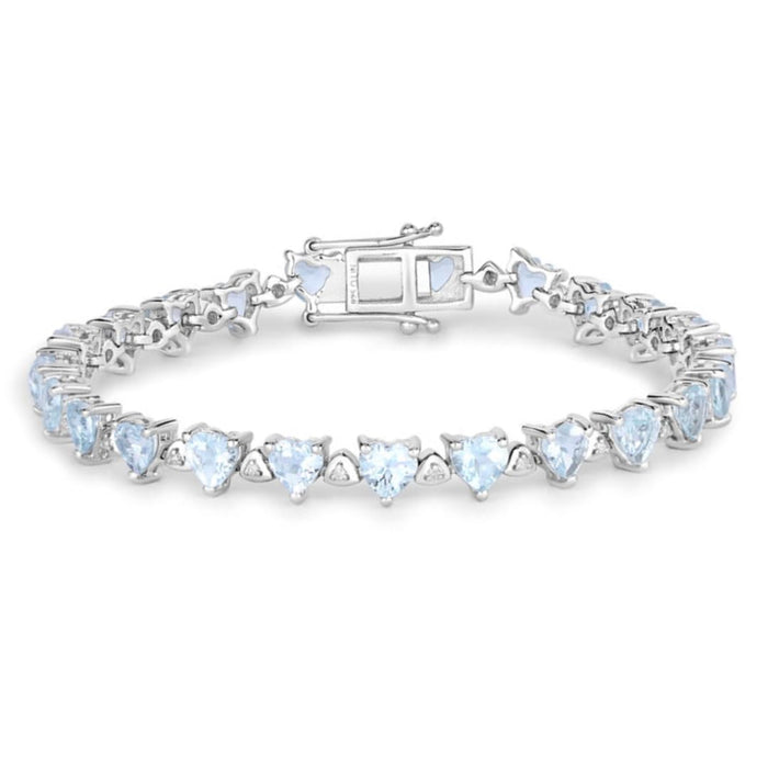 Heart Blue Aquamarine & Diamond Prong Silver Box Clasp Tennis Bracelet by Fine Color Jewels