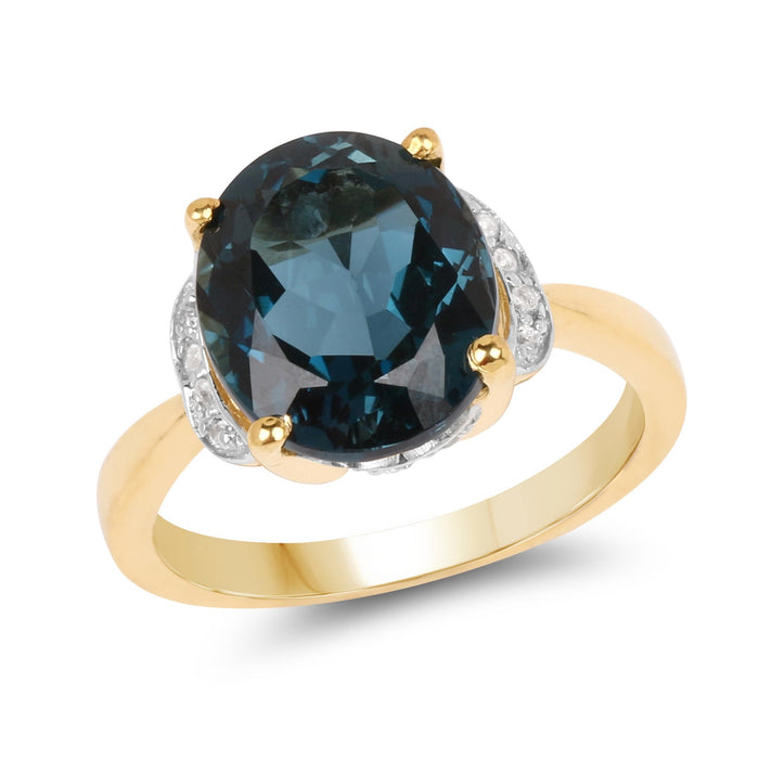 14K Yellow Gold Plated 6.09 Carat Genuine London Blue Topaz & White Diamond .925 Sterling Silver Ring by Bids.com