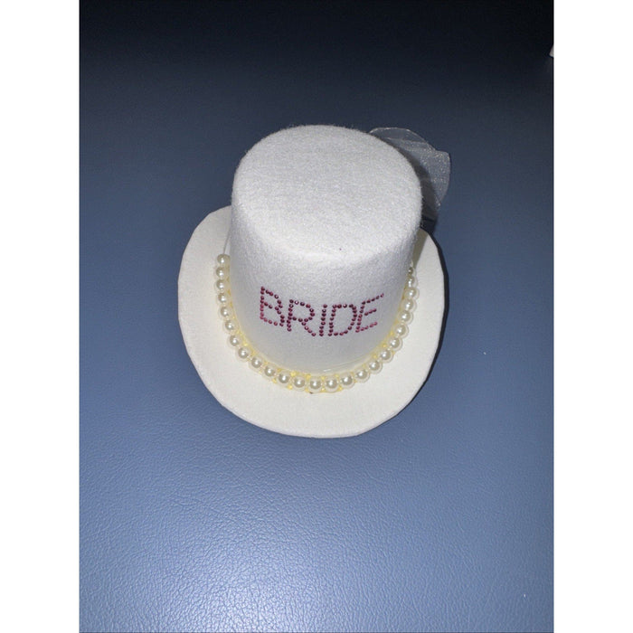 Bride Mini Top Hat Fascinator, Clip-On with Pearls, Tulle & Bow (Bachelorette / Wedding) by Price Is Right Miami