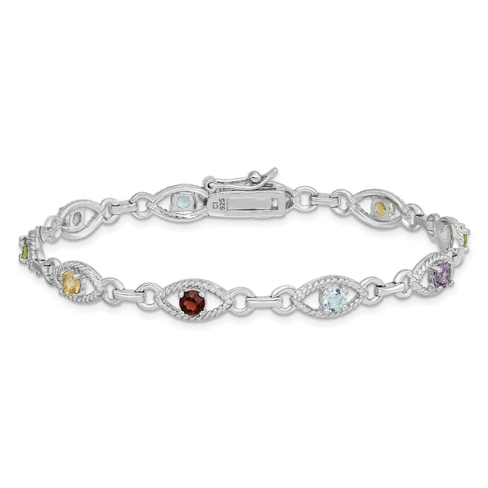 Genuine Multi Gemstone Silver Link Bracelet by Fine Color Jewels