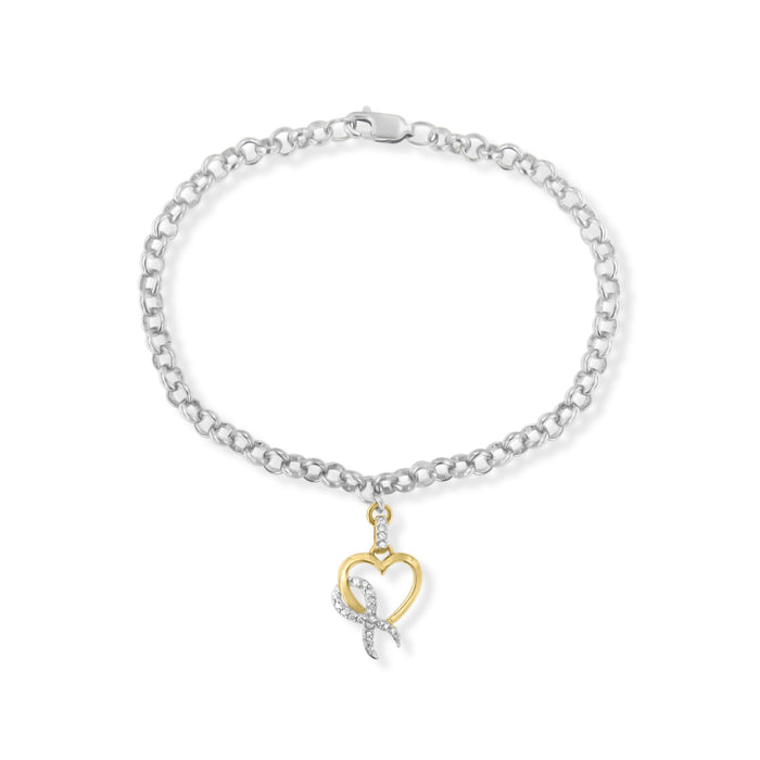 10K Yellow Gold 1/10 Cttw Diamond Awareness Ribbon & Heart Charm on 7" .925 Sterling Silver Rolo Bracelet (H-I Color, I1-I2 Clarity) by Bids.com