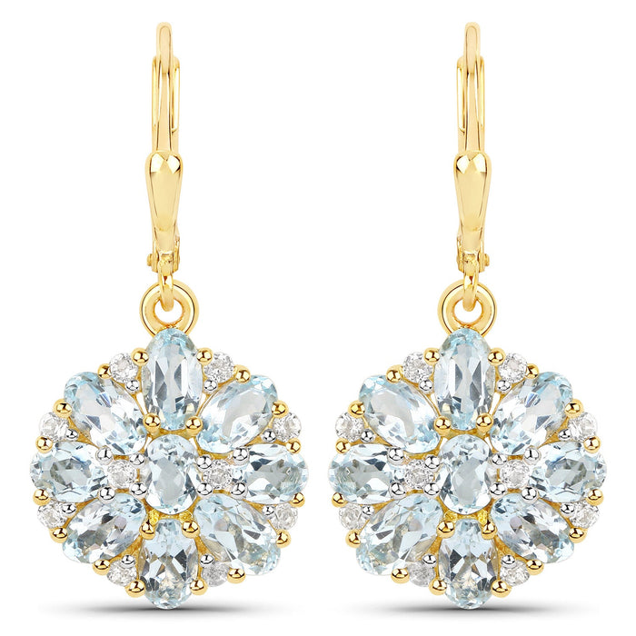 18K Yellow Gold Plated 4.58 Carat Genuine Blue Topaz and White Topaz .925 Sterling Silver Earrings