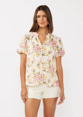 Floral Puff Sleeve Button-Down Top: Natural/Dusty Pink by Boutique 23